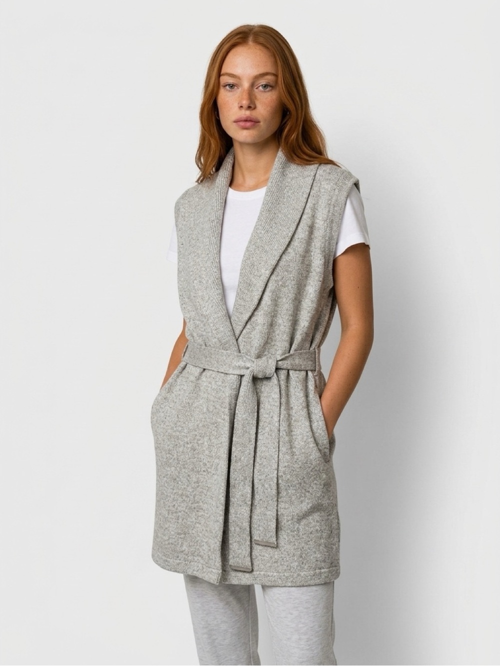 WHBM Gray Collar Belted Knit Sleeveless Vest Sz Small